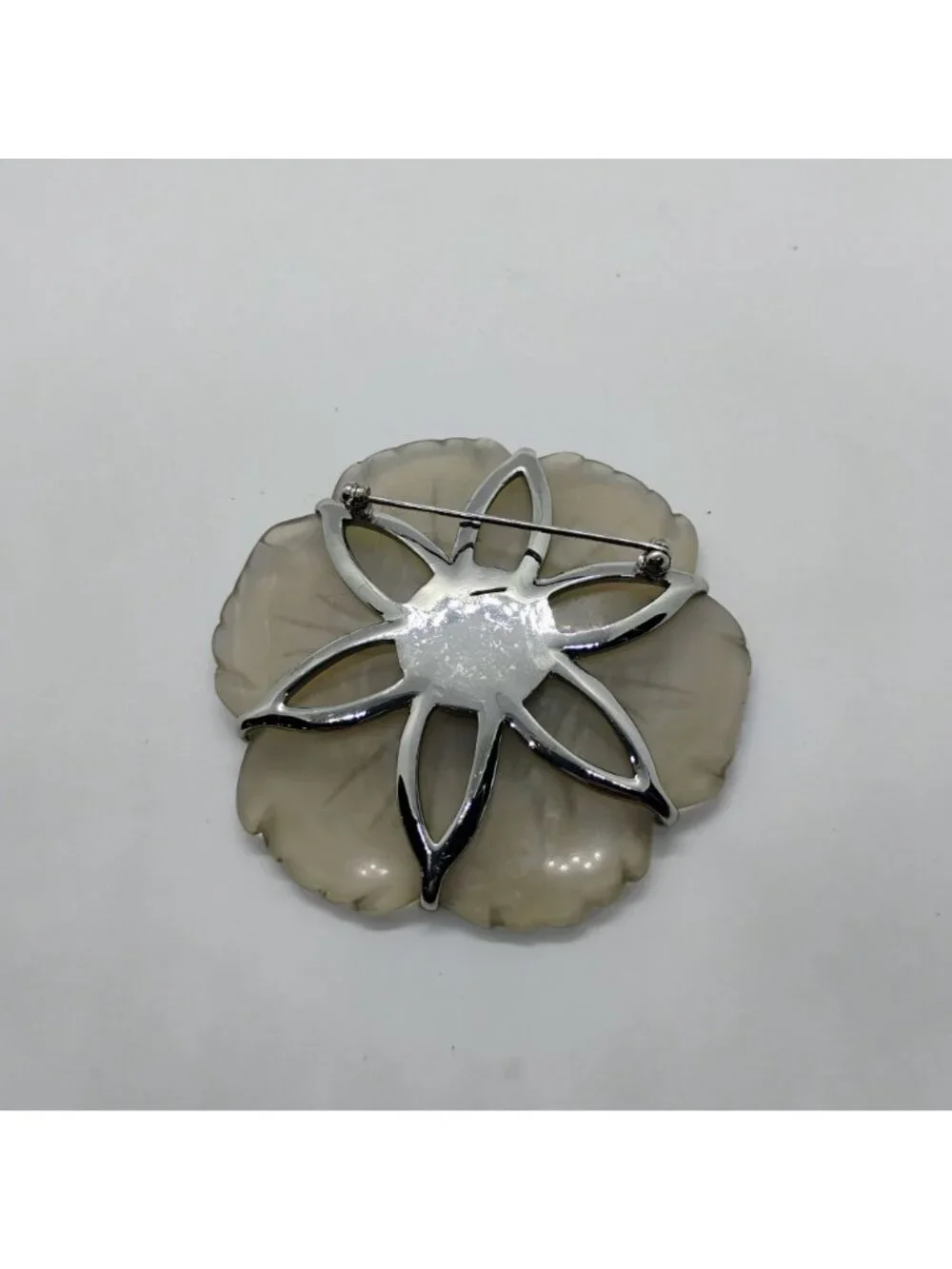 Vtg Large Statement Clear Carved Lucite Flower Brooch w/Rhinestone Center
